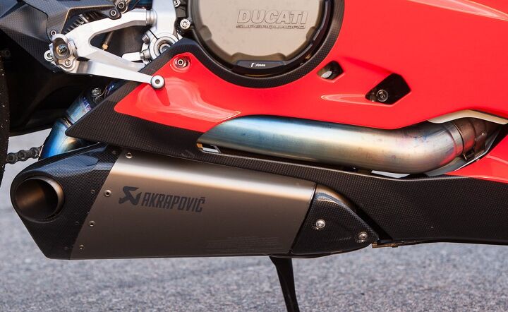The Superleggera’s price includes this Akra exhaust, race ECU, a taller windscreen, bike cover and paddock stands. Standard equipment includes lovely foot controls that could be worn as jewelry.
