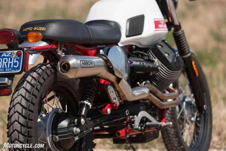 The knobby tires add to the scrambler styling while giving a modicum of dirt performance.